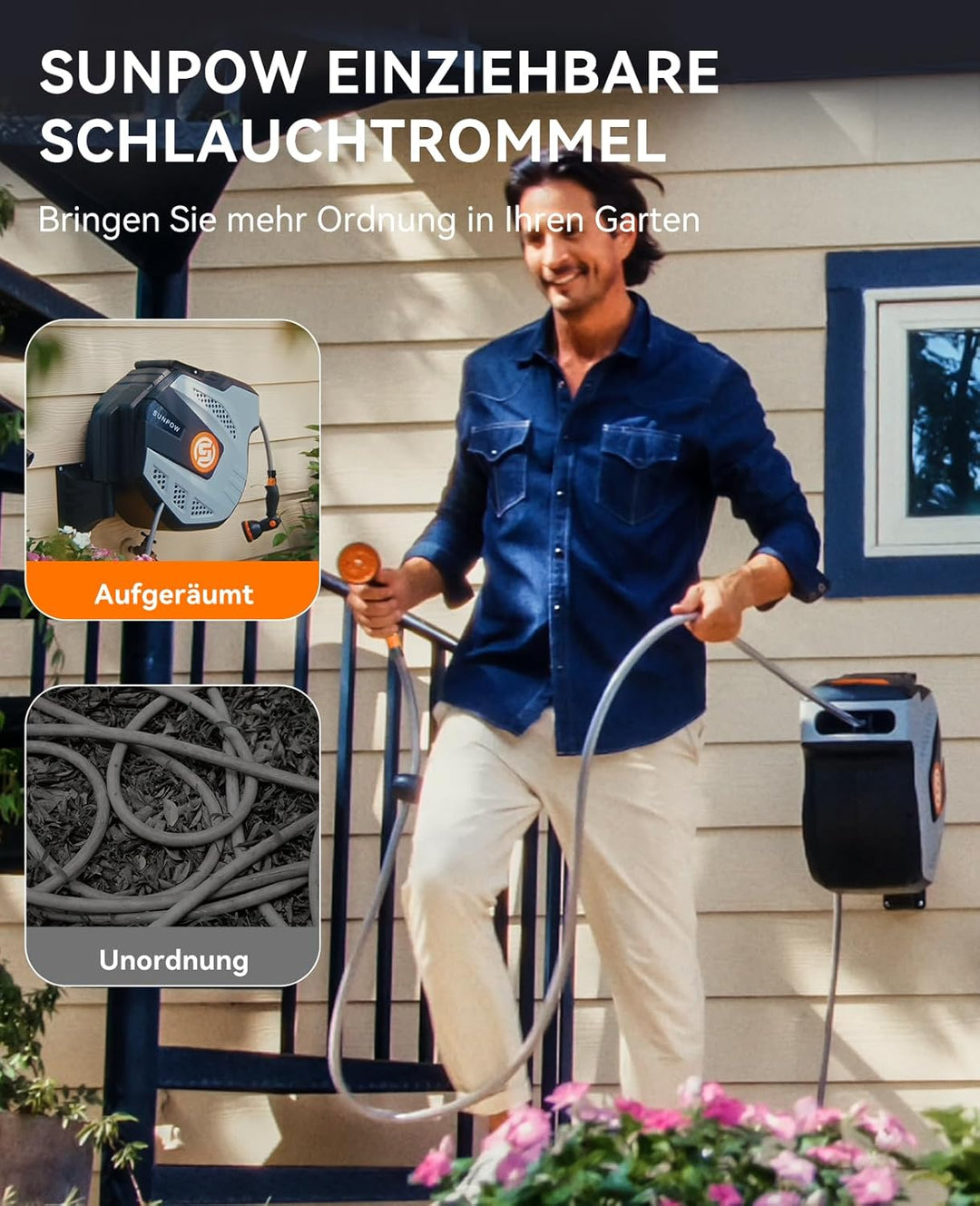 SUNPOW Wand Schlauchbox RollUp 15m- Schlauchtrommel Wandmontage Mit 10 Funktion Sprayer Düse - Jede