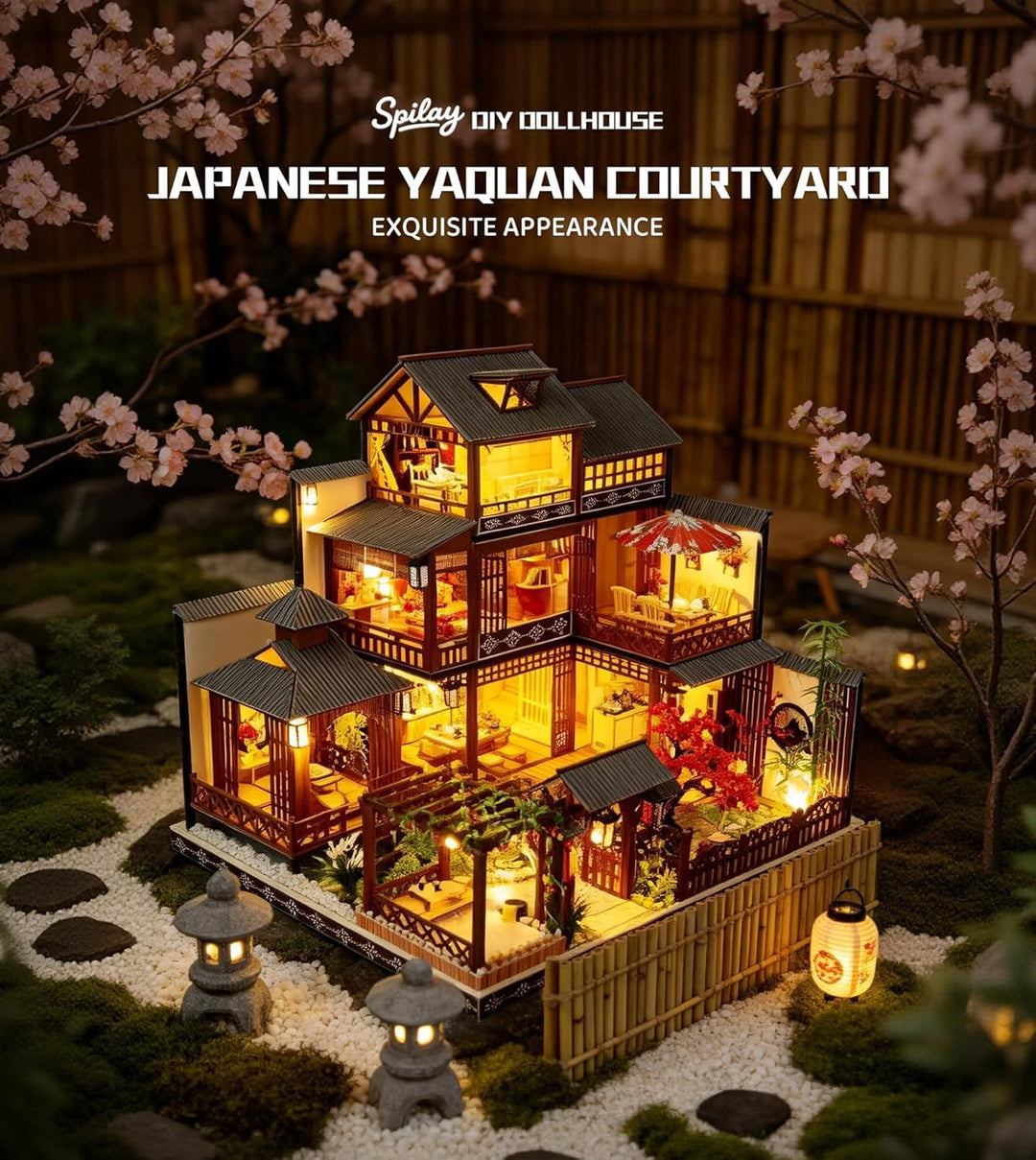Spilay DIY Miniature House, Mini Handgefertigte Grosse Japanische Hof Modell Plus mit & Musik Box, 1
