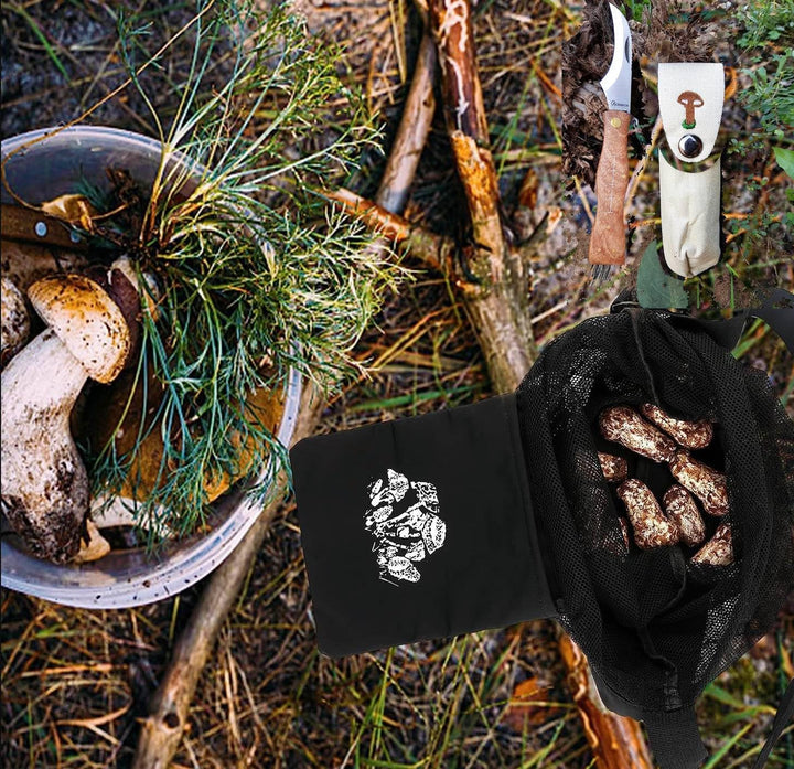 Pilz- und Fruchtsammeltasche mit Messer – Tasche mit Sporenfreisetzendem Netz, Grösse 42 x 36 cm, Fa