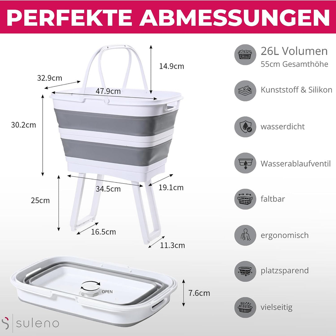 Faltbare Multifunktions-Waschwanne mit Ablauf – 26 L, wasserdicht &amp; platzsparend – Wäschekorb faltba