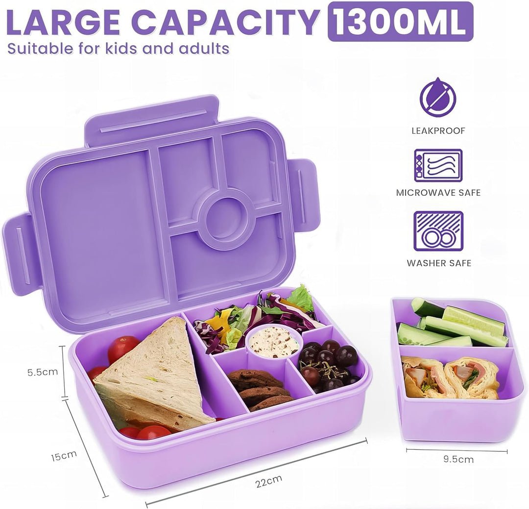Bugucat Brotdose Kinder 1300ML, Lunchbox Auslaufsicher Mit 5 Fächern, Bento Box für Kinder & Erwachs
