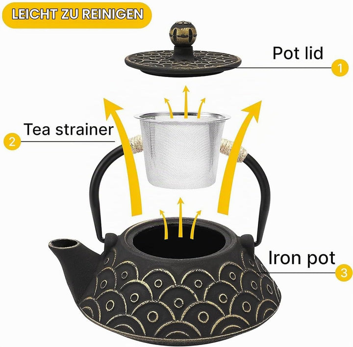 Gusseisen Teekanne mit Infuser, 800ml Teekessel für losen Tee, Asiatisches Teekannen für Herdplatten