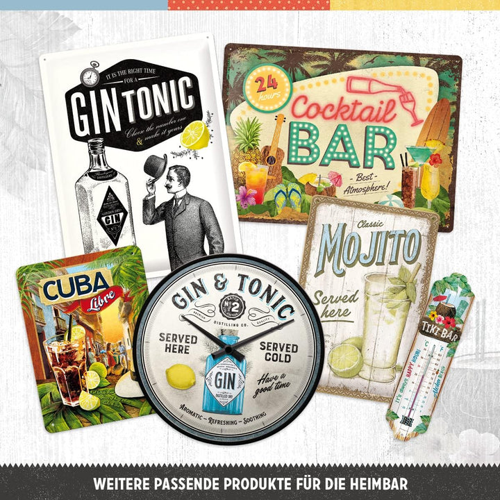 Nostalgic-Art Retro Wanduhr, Ø 31 cm, Gin & Tonic Served Here – Geschenk-Idee als Bar-Zubehör, Gross