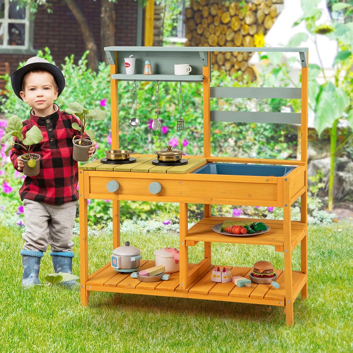 HOMASIS Matschküche Kinder Outdoor, Kinderküche mit Waschbecken Spüle Herd, Spielküche Holz, Spielze