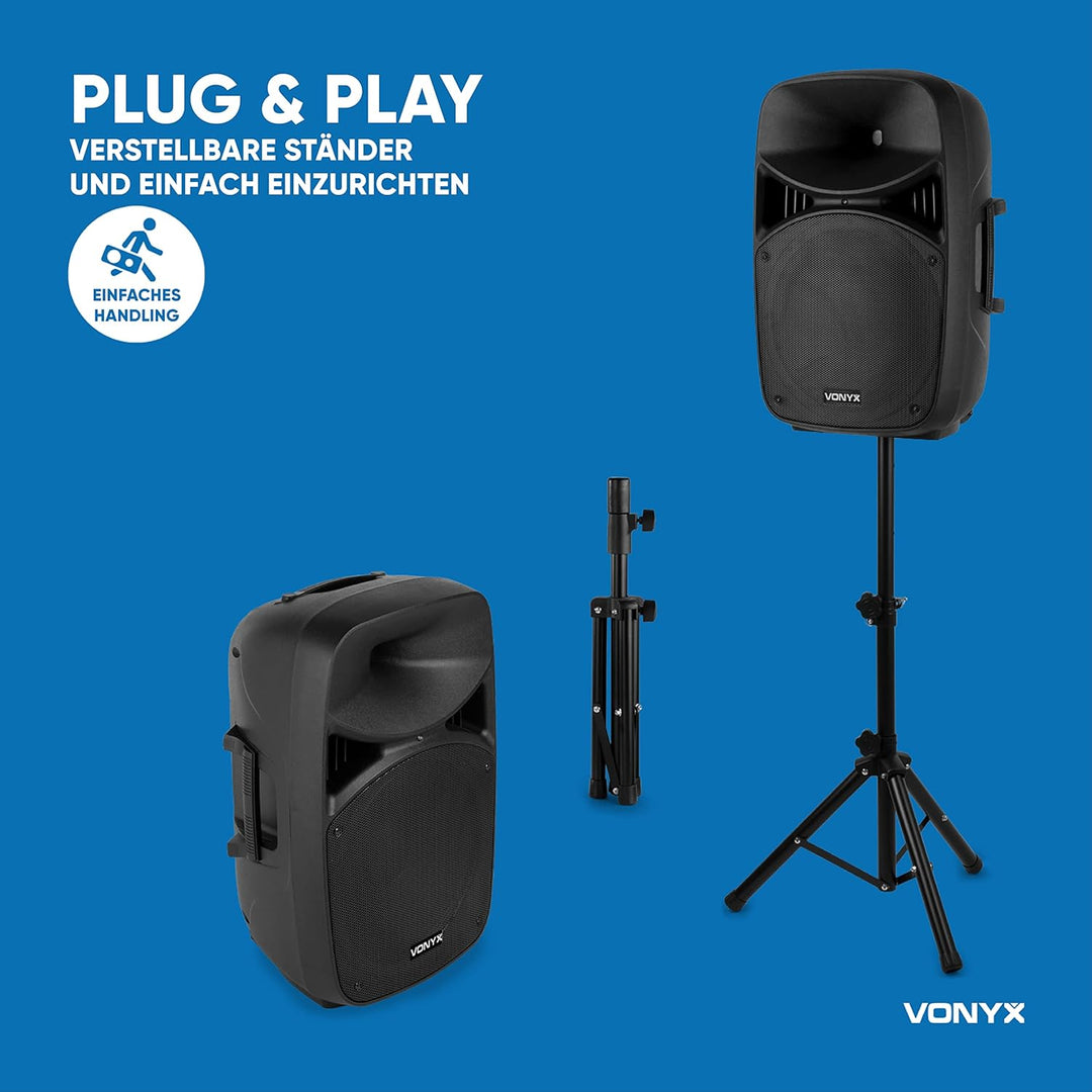 Vonyx VPS152A, PA Lautsprecher Set mit Ständer und Mikrofon, 1000 Watt PA Anlage Komplettset, 15 Zol