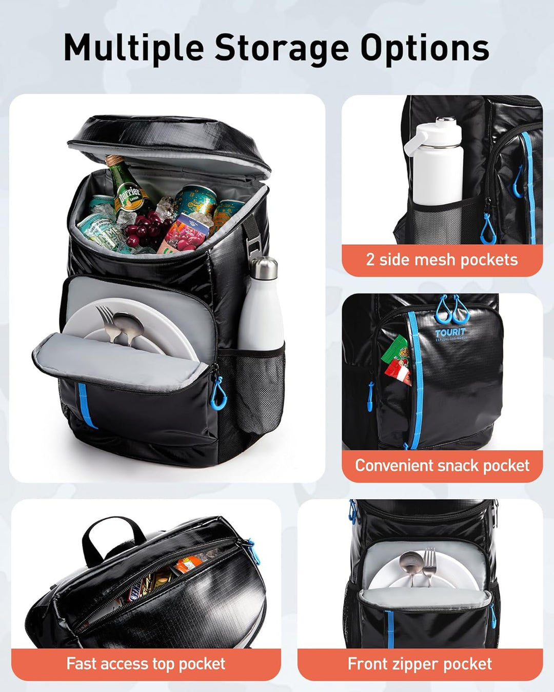 TOURIT Kühler Rucksack Leichter Rucksack 28L mit Flaschenöffner Hält 30 Dosen Dunkle Schwarz, Dunkle