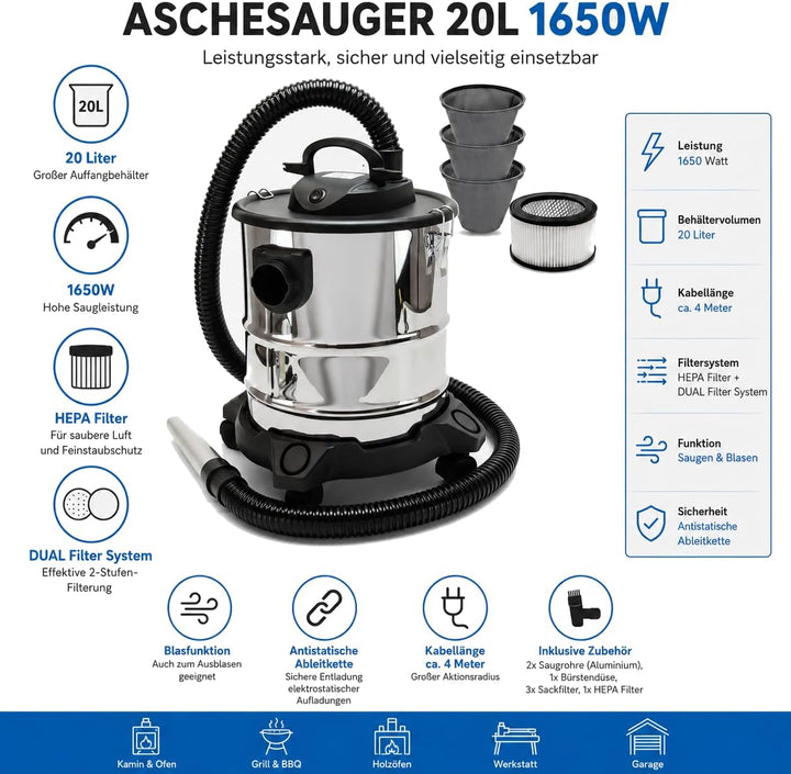 Aschesauger 20L Kaminsauger 1650W + Blasfunktion + DUAL Filter System + 4 Rollen SN121