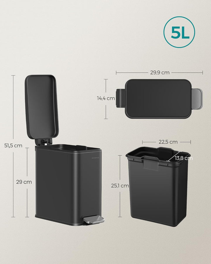SONGMICS Kosmetikeimer, 5 Liter, Mülleimer Bad, mit Deckel, Tretmülleimer, Abfalleimer klein, schmal