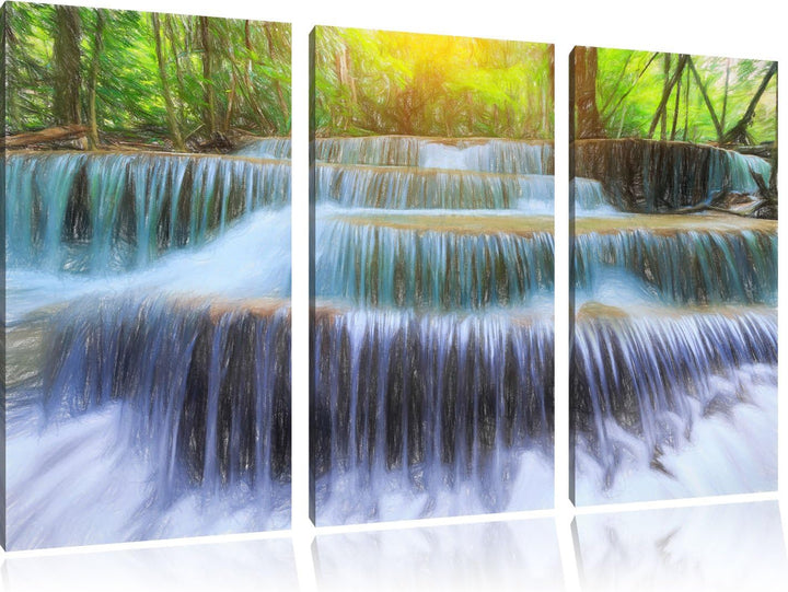 Pixxprint Wasserfall im Regenwald / 3-Teilig/Gesamtmass 120cm Leinwandbild bespannt auf Holzrahmen/W