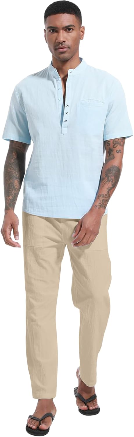 LVCBL Leinenhose Herren Sommer Herbst Lose Lässige Leinenhose mit Taschen Elastischer Bund M Khaki,
