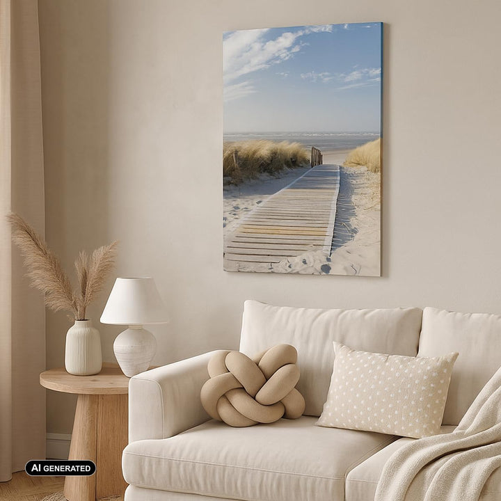 Bilder auf Leinwand Strand Meer Fussgängerbrücke Ufer Leinwandbild mit Rahmen 45x80cm Wandbilder Dek