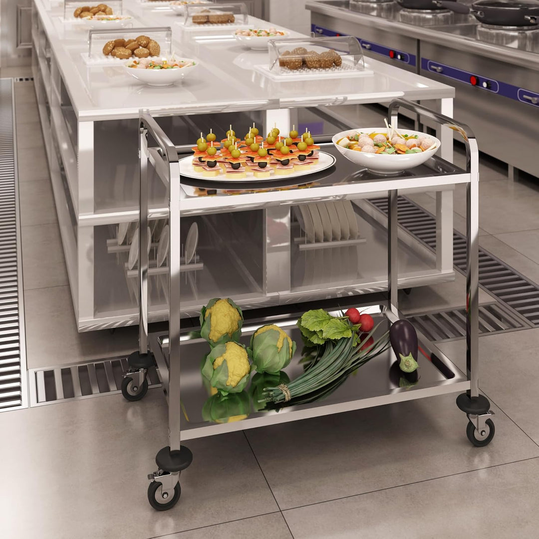 BLV servierwagen Edelstahl klein 2 Böden,servierwagen mit Rollen und 4-Bremsen Für Restaurant Küche