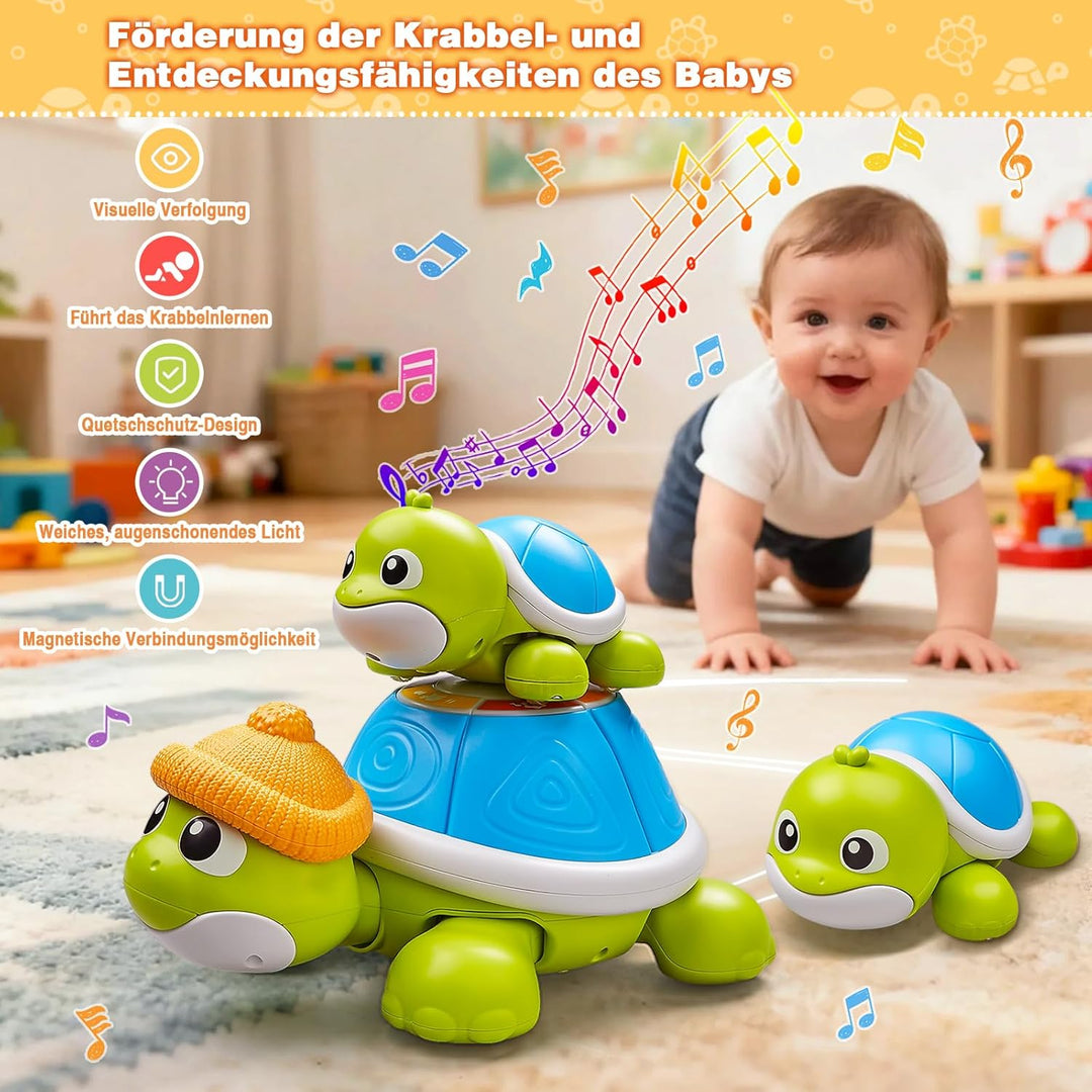Baby Krabbel Spielzeug ab 3 6 9 Monate, 3 PCS Schildkröten Krabbelspielzeug mit Licht und Musik, Frü