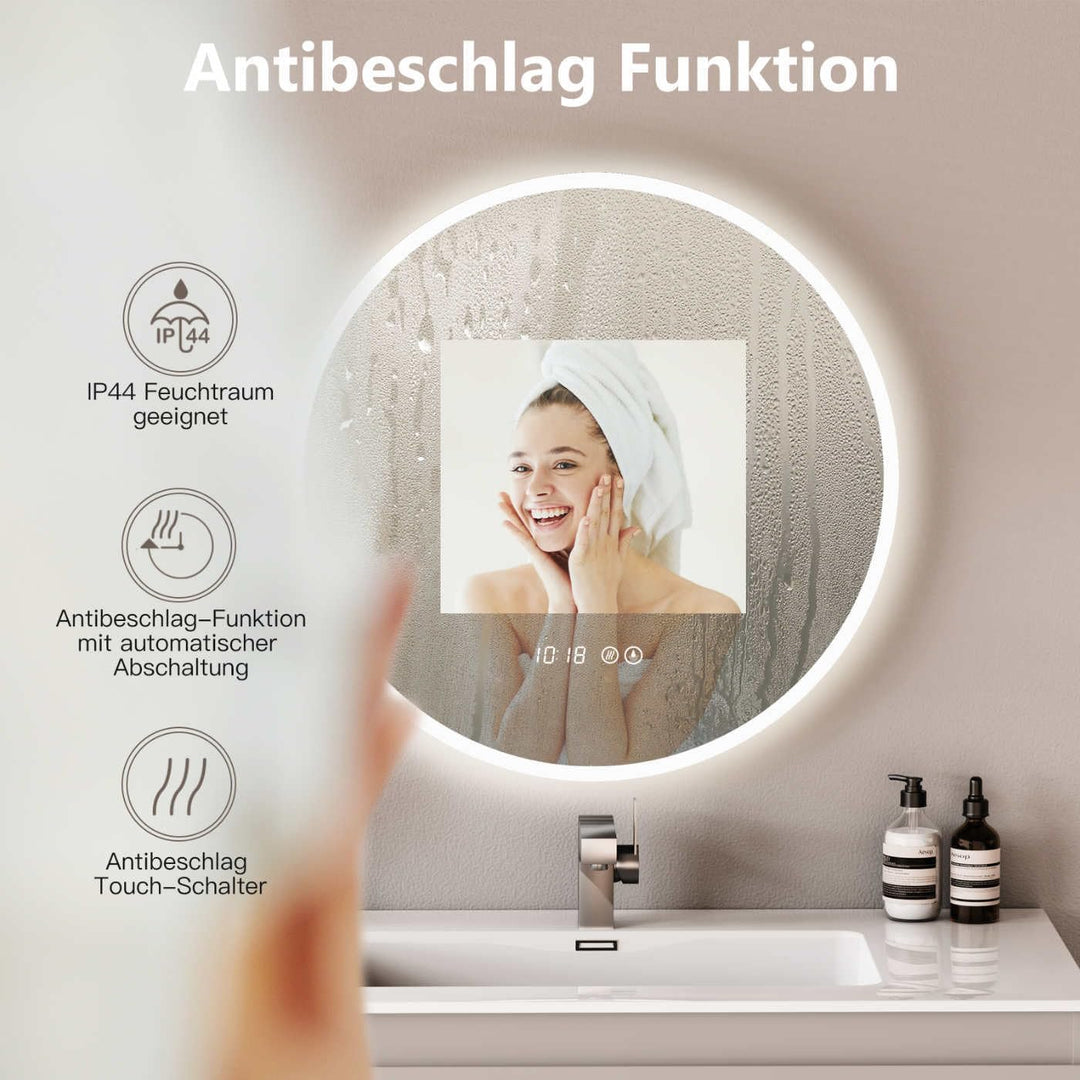 HOKO Badspiegel LED Antibeschlag Rund 80cm mit digital Uhr, mit LED Wechsel 2700-6500K (Warmweiss -