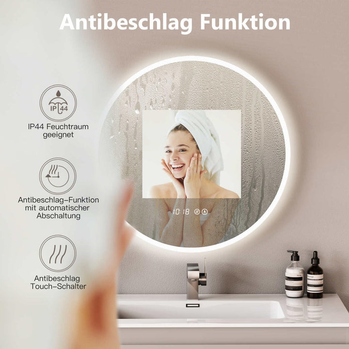 HOKO Badspiegel LED Antibeschlag Rund 80cm mit digital Uhr, mit LED Wechsel 2700-6500K (Warmweiss -