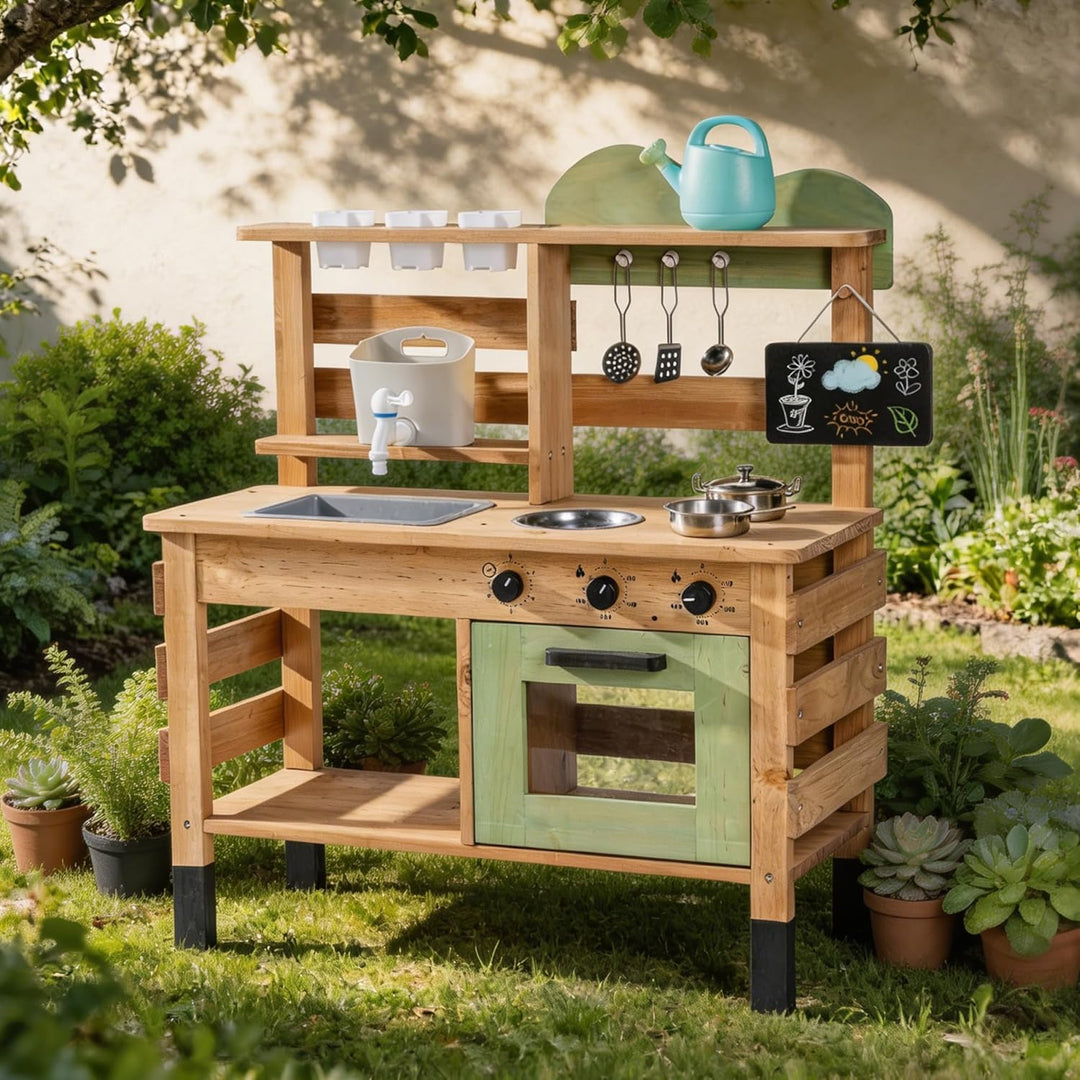 ROBOTIME Grosse Outdoor Matschküche aus Holz für Kinder, Deluxe Spielküche mit Wasserhahn, Spüle, Kr