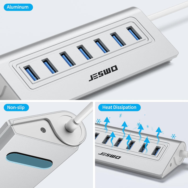 USB Hub 3.0 7-Port, Aluminium USB Verteiler Adapter mit Mehrfach USB 3.0 5Gbit/s, 100cm Langkabel un