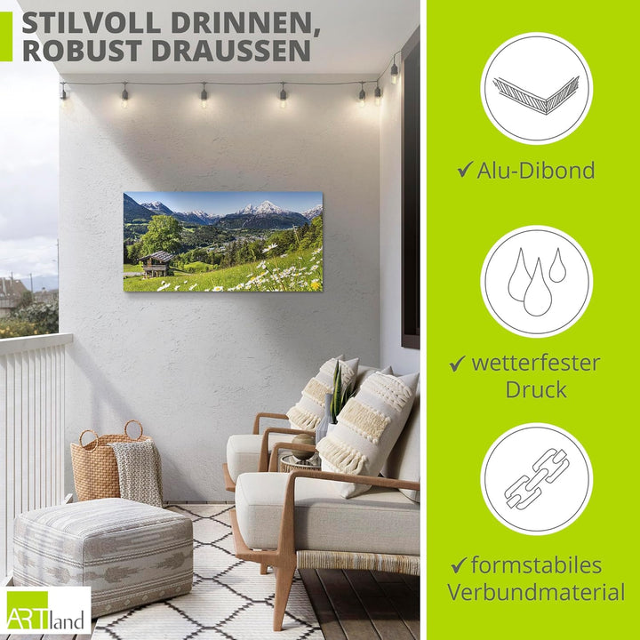 ARTland Wandbild Alu Verbundplatte für Innen & Outdoor Bild 60x30 cm Alpen Landschaft Berge Wald Geb