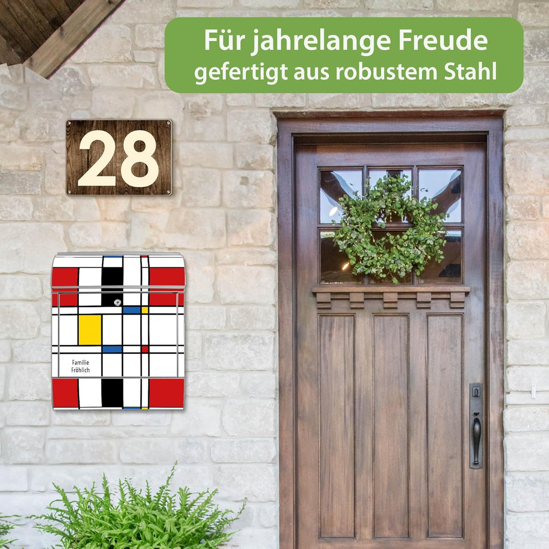 banjado® Design Briefkasten personalisiert mit Motiv Rot Gelb Blau 39x47x14cm & 2 Schlüssel - Briefk