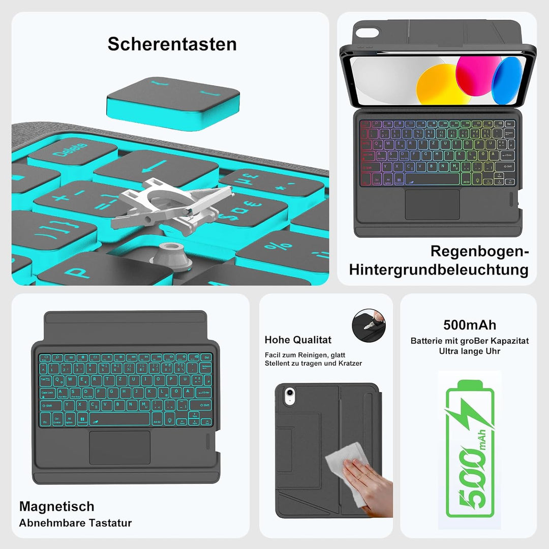 IVEOPPE Tastatur für iPad A16 11. Generation, QWERTZ Deutsch Bluetooth, Hülle Tastatur für iPad 10 1