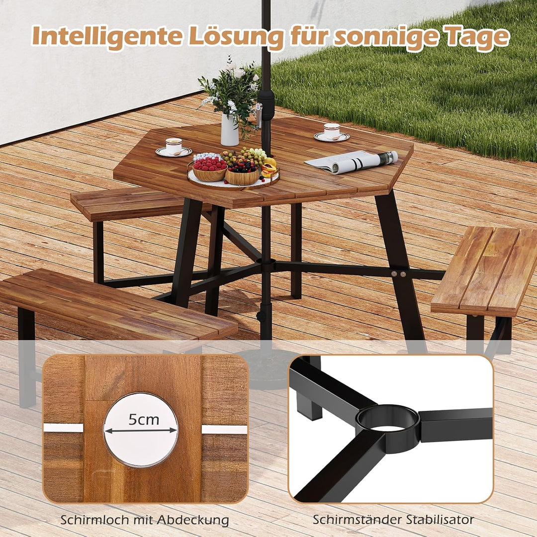 COSTWAY Picknicktisch Set für 6 Personen, Gartentisch aus Akazienholz mit Schirmloch & 3 Bänken, Ter
