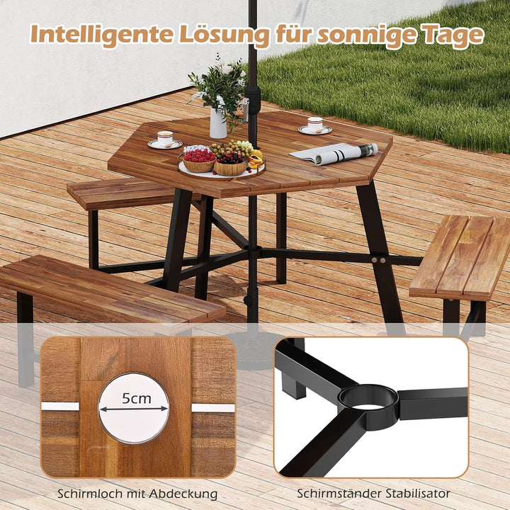 COSTWAY Picknicktisch Set für 6 Personen, Gartentisch aus Akazienholz mit Schirmloch & 3 Bänken, Ter