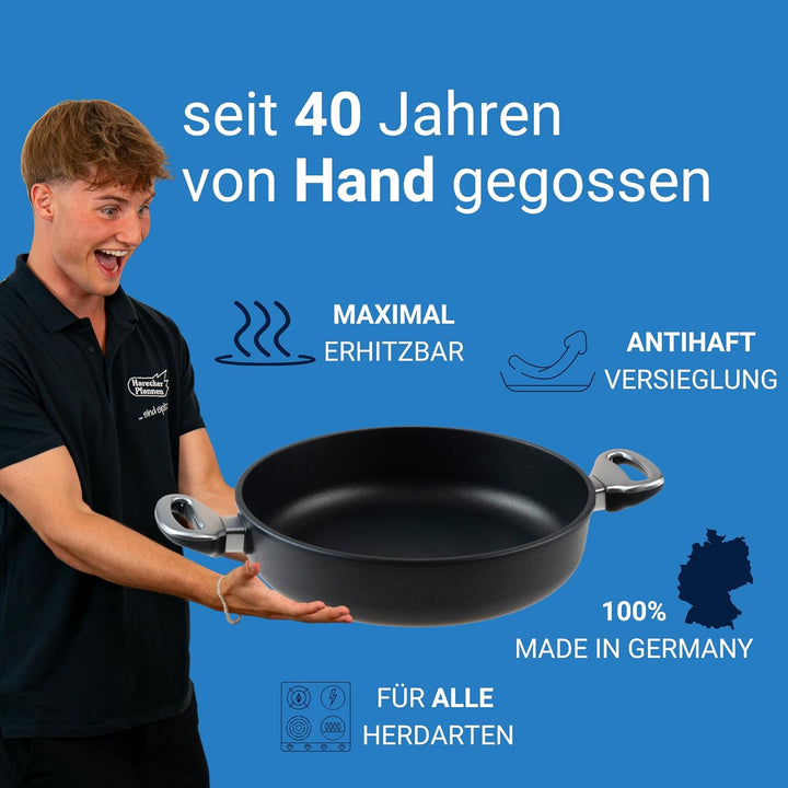 Harecker Bräterpfanne 28cm Ø aus Aluguss mit Seitengriffen | PFOA-freie Antihaftbeschichtung | für I