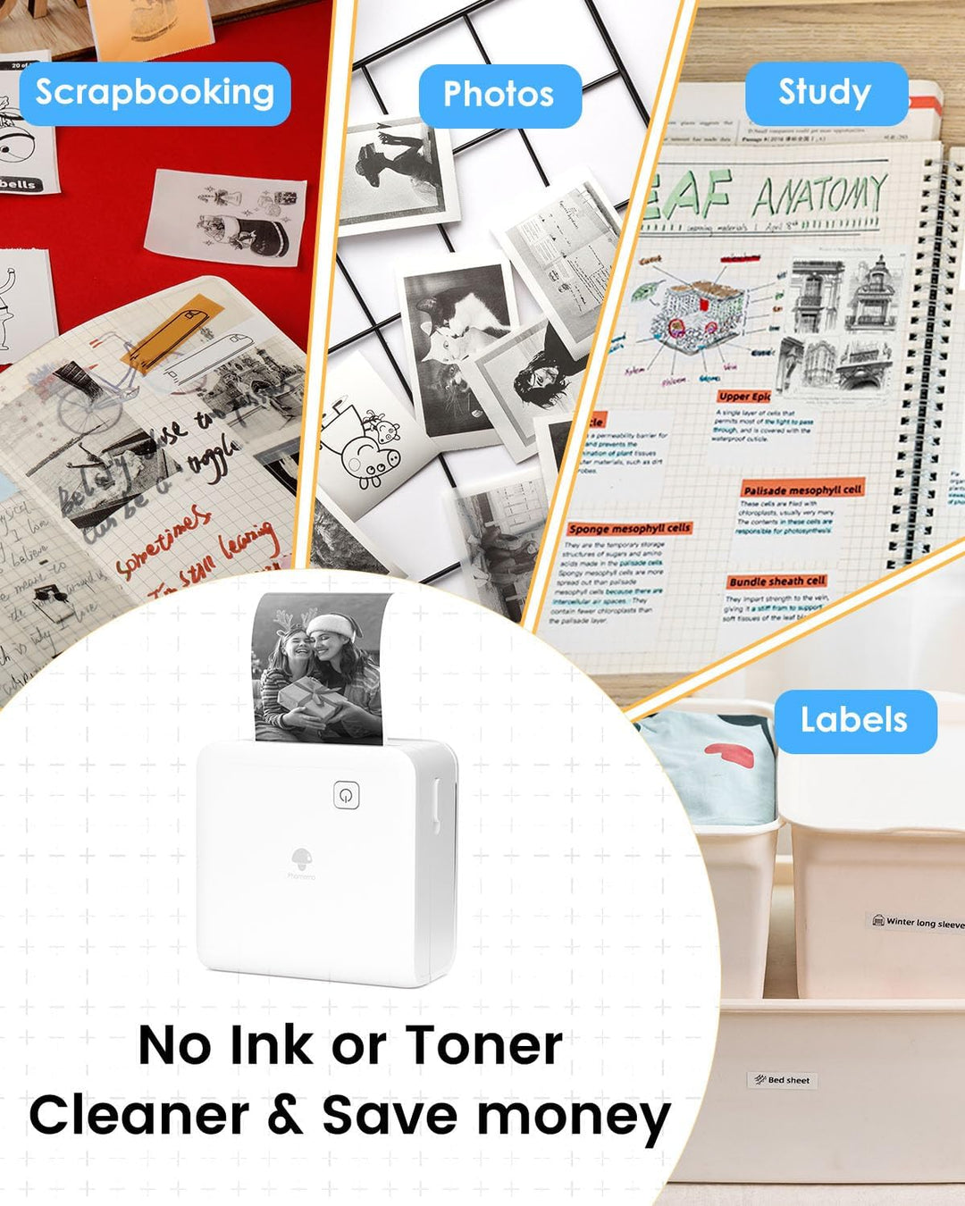 Phomemo M02 Pro Mini Drucker für Smartphone, Sticker Drucker 300 DPI Mini Thermodrucker Tiny Printer