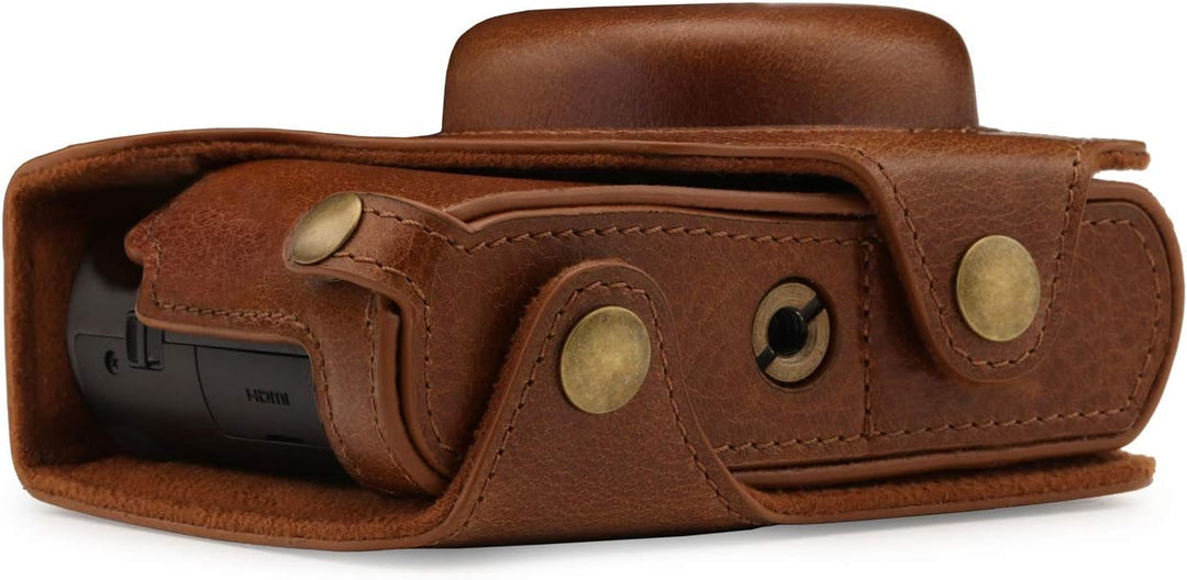 MegaGear Panasonic Lumix DC-TZ100, TZ200 Ever Ready Echtleder Kamera-Case mit Trageriemen - Braun MG