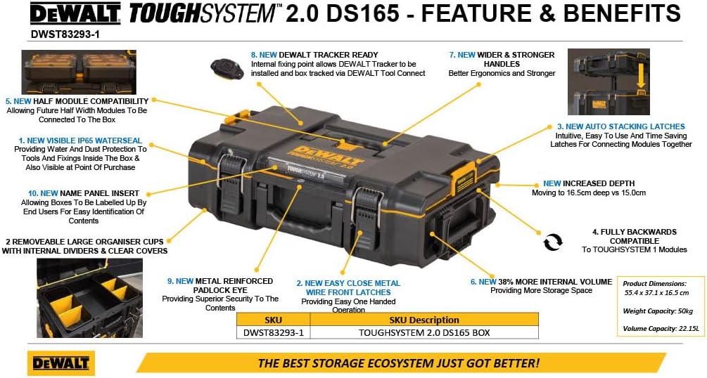 Dewalt Toughsystem 2.0 Box DS165 DWST83293-1 (kleine Werkzeugbox für allgemeinen Einsatz, IP65-staub