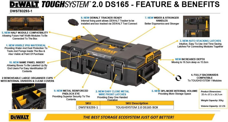 Dewalt Toughsystem 2.0 Box DS165 DWST83293-1 (kleine Werkzeugbox für allgemeinen Einsatz, IP65-staub