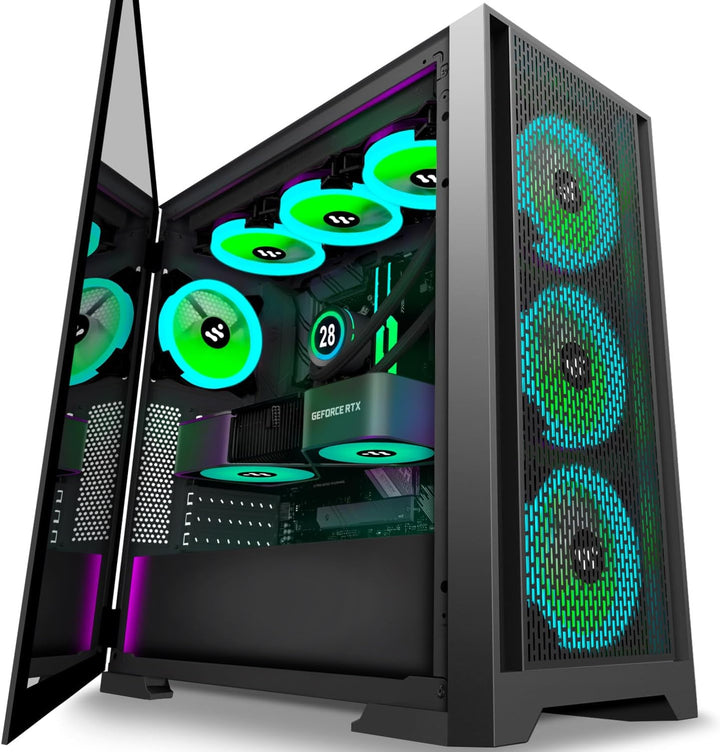 KEDIERS PC Gehäuse - Vorinstallierte 7 PWM ARGB lüfter, E-ATX Tower Gehäuse aus gehärtetem Glas, Sch
