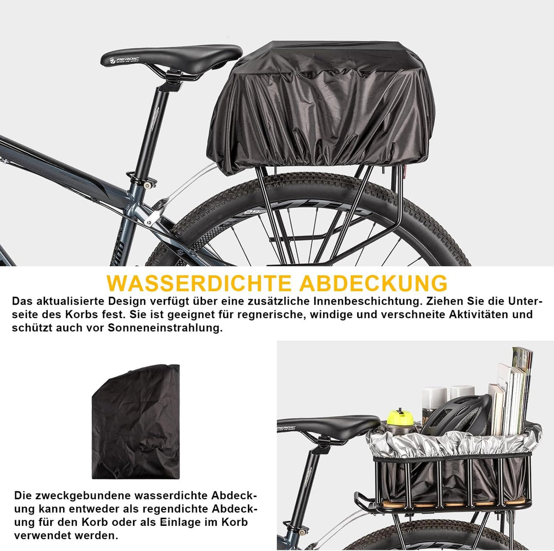 CXWXC Fahrradkorb Hinten – Grosser Gepäckträger-Korb mit Holz-Boden, wasserdichter Abdeckung & Cargo