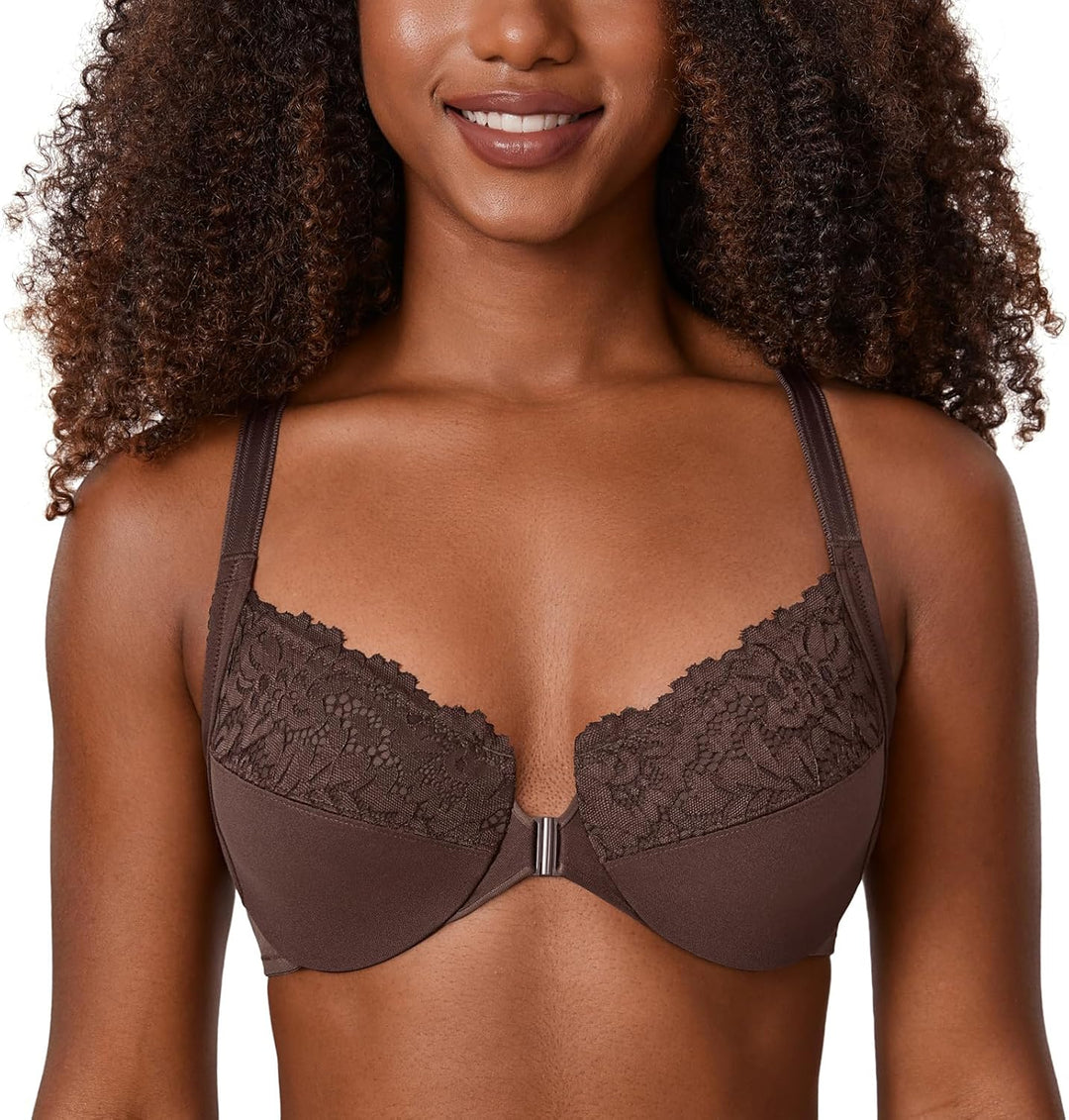 DELIMIRA Damen Vorderverschluss BH mit Bügel Vollständige Abdeckung Grosse Grössen 75B Haselnuss, 75