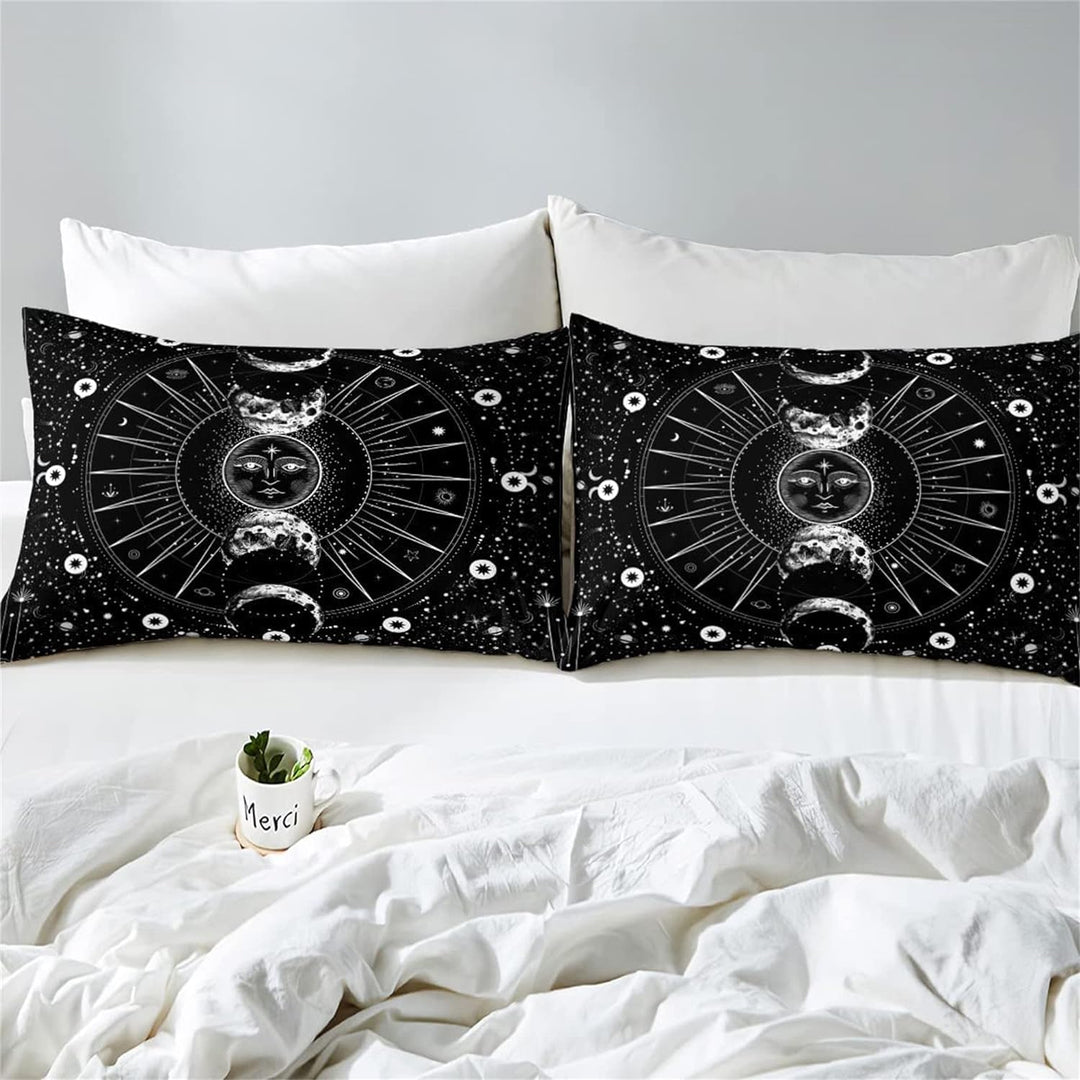 feelingyou Sonne Mond Bettwäsche-Set,Psychedelisch im Boho-Stil Bettwäsche Set 155x220cm,Schwarz und