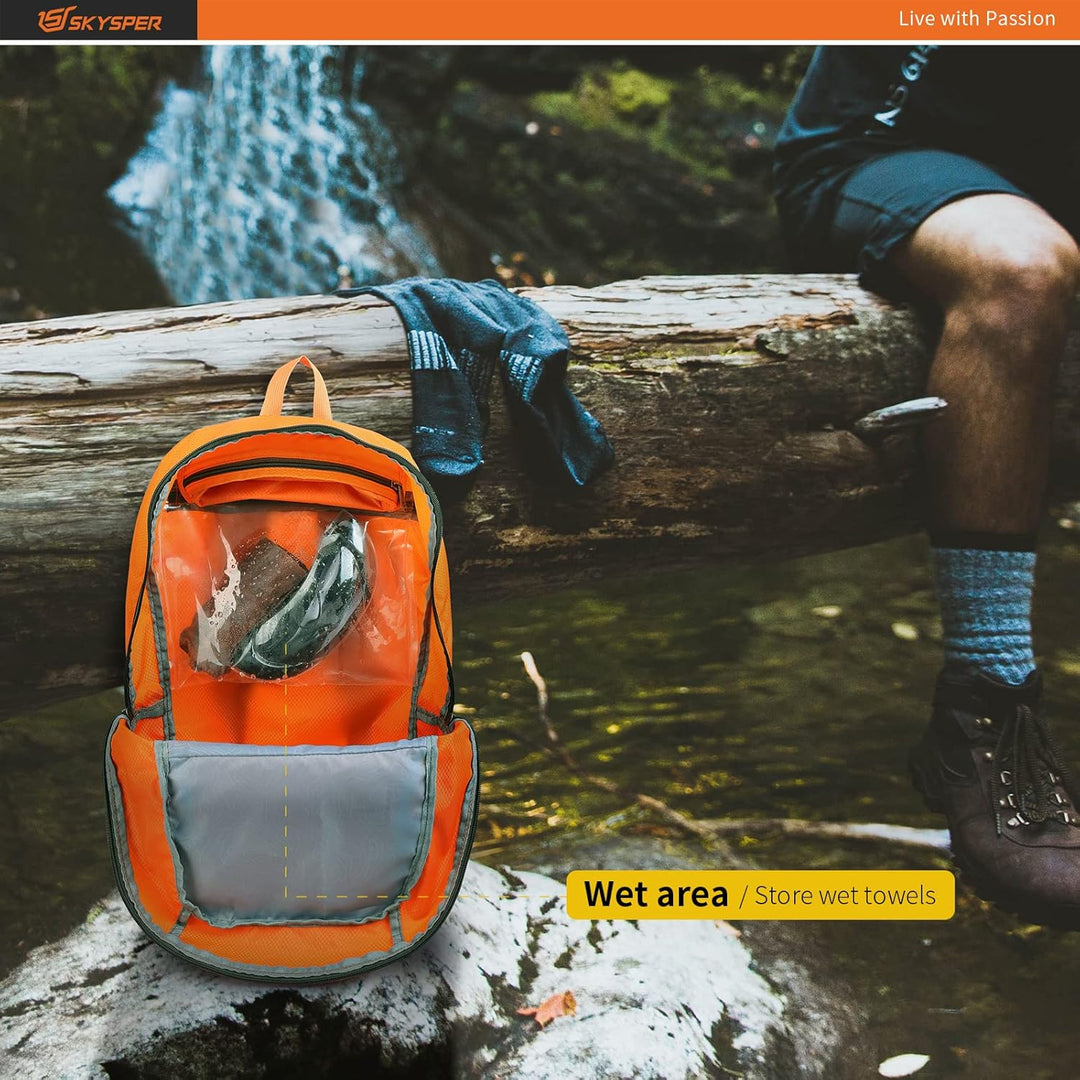 SKYSPER Ultraleichter Faltbarer Rucksack mit Nassfach - Wasserfest und Verstaubarer Daypack für Wand