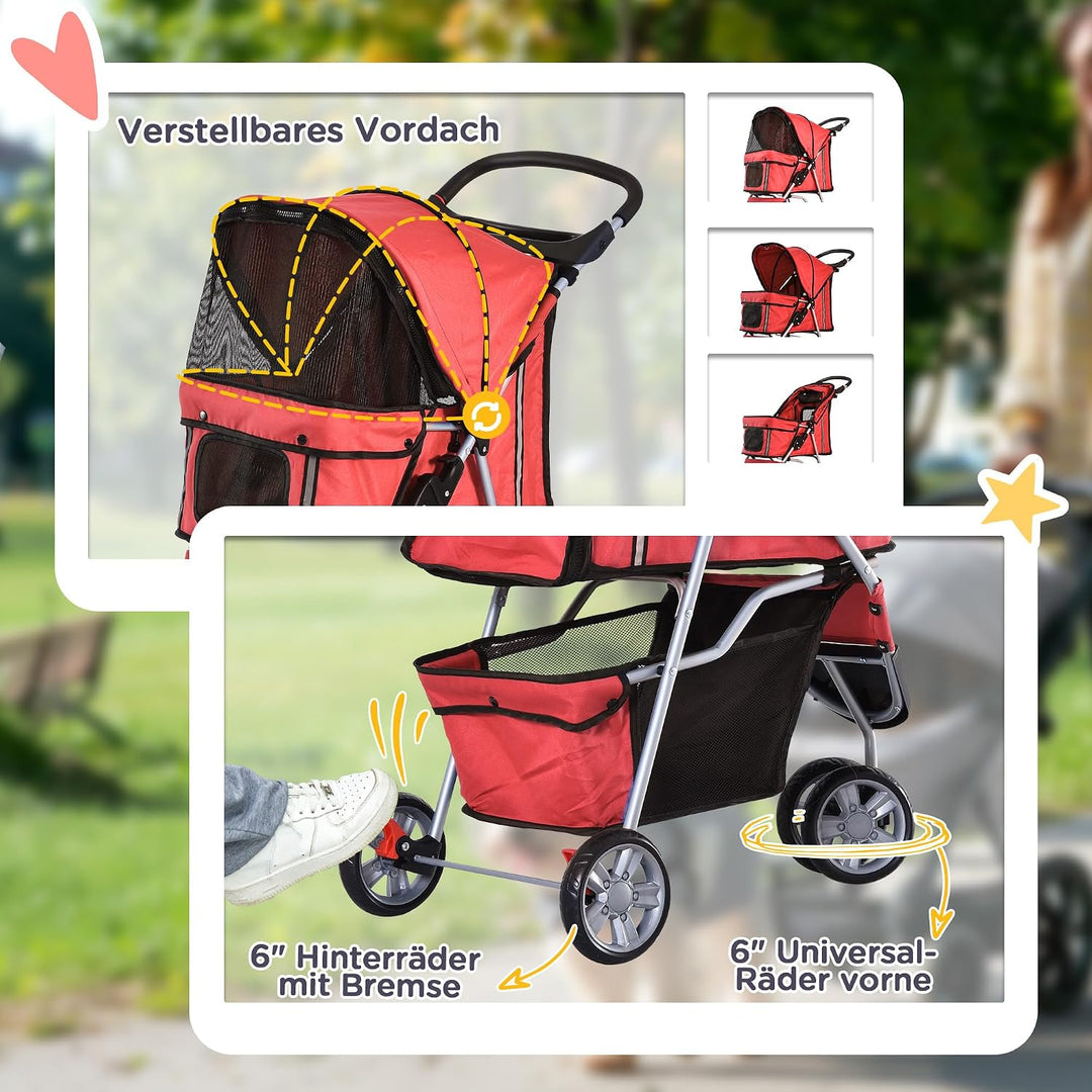 PawHut Hundewagen Hundebuggy Buggy Hunde Katzen Pet Stroller Hunde Buggy Rot Rot 75L x 45B x 97H cm,