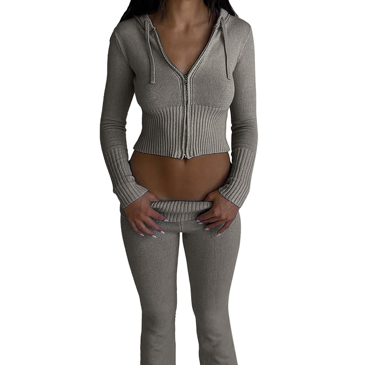 Damen Zweiteiler Hose und Pullover Strick Reissverschluss Up Crop Hoodies Vintage Sweatshirts mit Ka