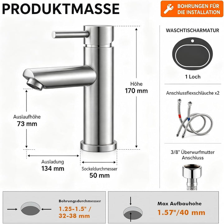Ibergrif M11103, Wasserhahn Bad Edelstahl- Mischbatterie, Waschtischarmatur Infache Montage, Armatur