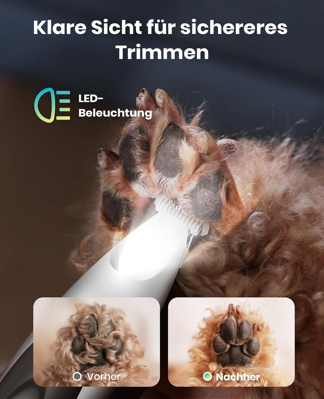 oneisall 2in1 Pfotentrimmer für Hunde + Krallenschleifer für Hunde | Leise 35dB, 2-LED-Leuchte, USB-