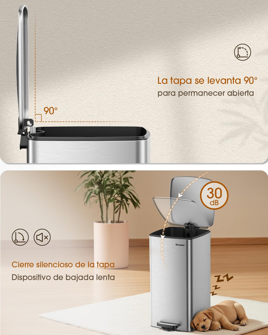 lovewind Küchenabfalleimer, 30L Silber Mülleimer Küche aus Edelstahl mit Pedal, mit Deckel und Innen