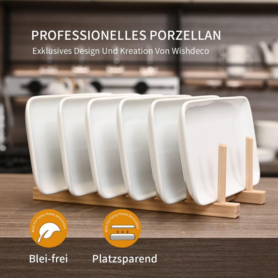 WishDeco Teller Rechteckig 6er Set, Servierplatten Porzellan Weiss 23x12 cm, Servierteller Länglich,