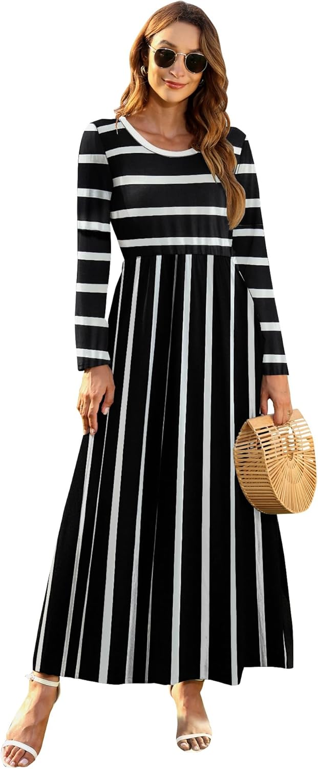 AUSELILY Damen Langarm Maxikleider Lässige Langkleider mit Taschen… XL Schwarze Weisse Streifen, XL