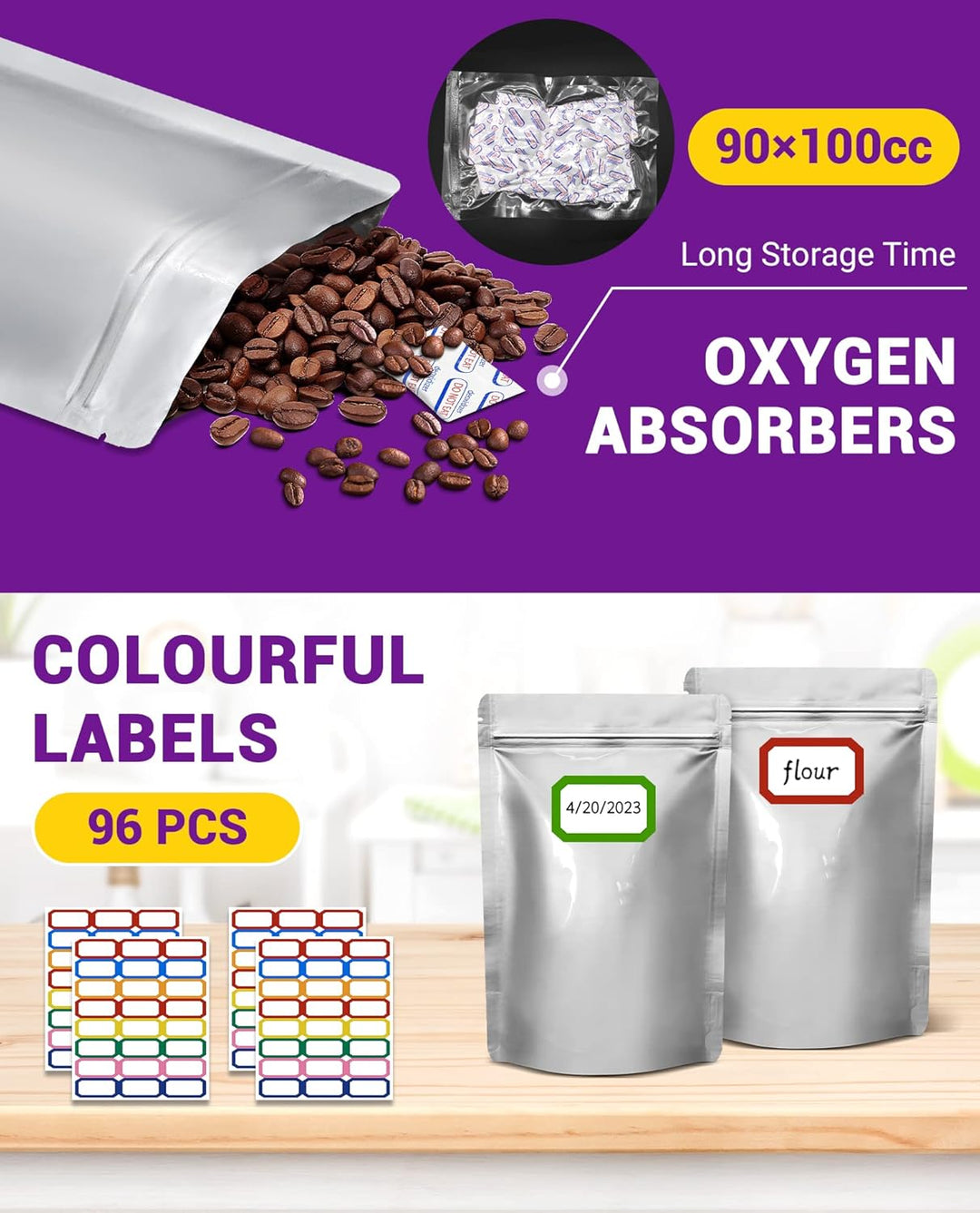 90PCS Mylar Bags Mit Sauerstoff Absorber Für Die Lagerung Von Lebensmitteln 1 Quart 15 x 22 cm 8.6Mi