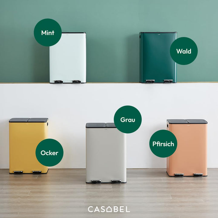 CASABEL Mülleimer Küche Mülltrennung 60L – 2x30L Doppelkammer mit Pedal, Edelstahl Dunkelgrün, Abfal
