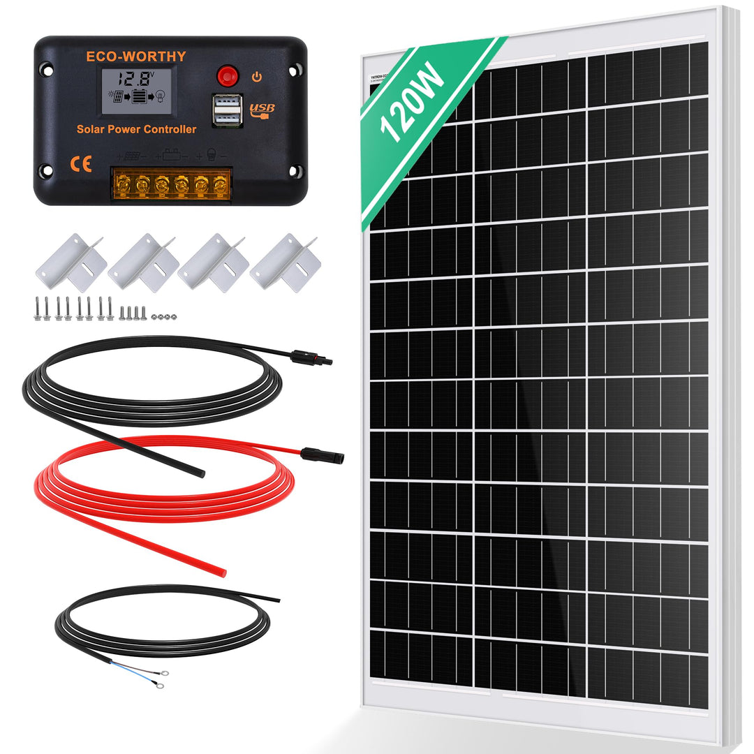 ECO-WORTHY 120W Solarpanel Kit: 120W12V Monokristallinem Solarmodul + 30 A Solarladeregler + 5m Sola