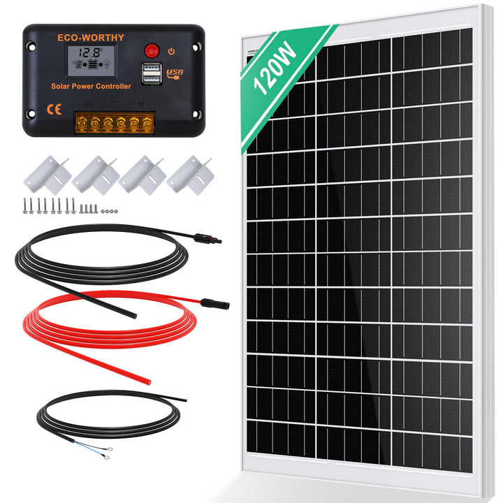 ECO-WORTHY 120W Solarpanel Kit: 120W12V Monokristallinem Solarmodul + 30 A Solarladeregler + 5m Sola