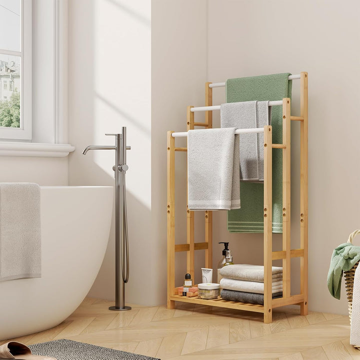 Dripex Freistehender Handtuchhalter Bambus Höhe 86 cm Handtuchständer Badetuchhalter mit 3 Edelstahl