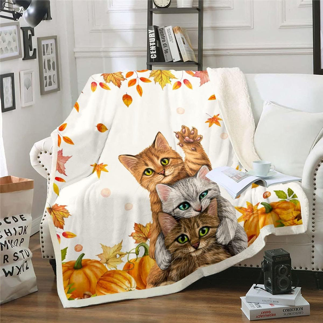 Kinder Niedlichen Katzen Decke 130 x 150 Herbstkürbis Ahornblatt Sherpa Decke für Mädchen Jungen Tee