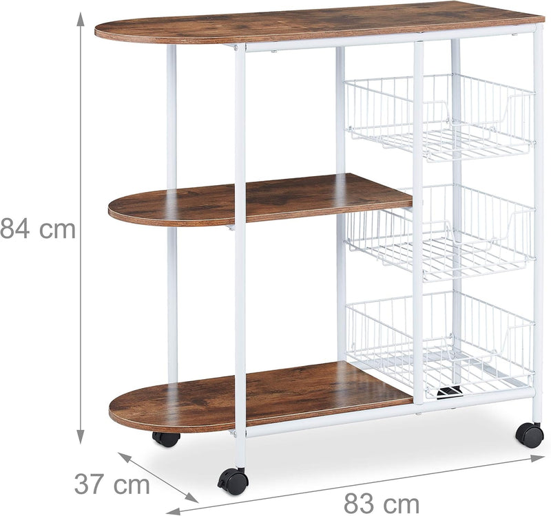 Relaxdays Servierwagen, Küchenwagen mit 3 Ablagen & 3 Körben, Industrial, Metall & MDF, HBT: 84 x 83